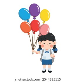 kid girl student holding balloons cartoon