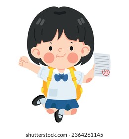 Kid girl student jump and feel happy because get good grade from exam