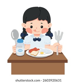 Kid girl student is sitting at the table eating a meal cartoon