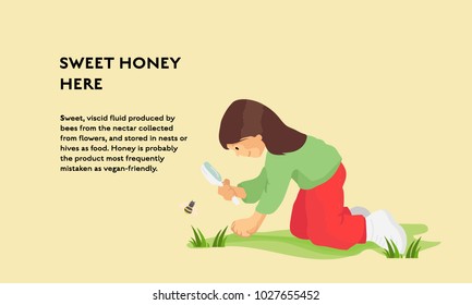 Kid girl studying in garden flower and bee. Vector cartoon design illustration. Sweet honey food concept vector flat poster design.
