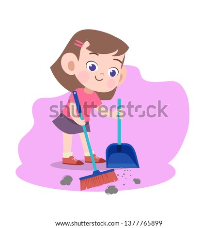 kid girl sweeping broom vector illustration