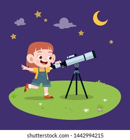 kid girl telescope illustration vector illustration