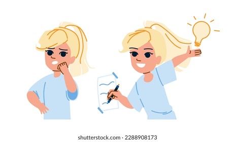 kid girl think answer vector. question child, mark doubt, student boy, happy idea, character face kid girl think answer character. people flat cartoon illustration