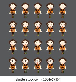 kid girl using pumpkin costume with different facial expressions, hair set in vector flat character for halloween party