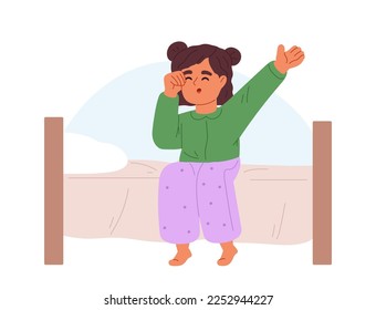 Kid girl waking up stretching and rubbing eyes sit on bed in bedroom. Small schoolgirl awake. Morning routine for child concept. Cartoon flat vector illustration