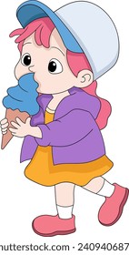 kid girl is walking while enjoying an ice cream cone, cartoon flat illustration