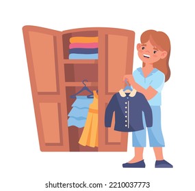 Niña y guardarropa. El encantador personaje elige la ropa, sostiene la percha con ropa en la mano. Moda, tendencia y estilo. Escolar limpia el apartamento y su habitación. Dibujo vectorial plano de dibujos animados