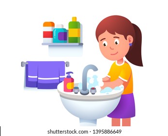 Kid girl washing hands at washbowl sink basin standing on step stool by herself. Smiling child morning bathroom routine. Flat vector character illustration