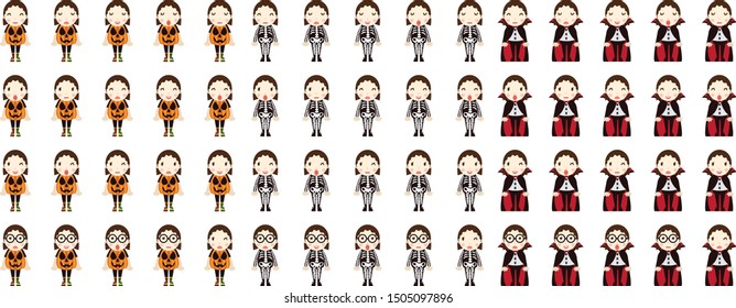 kid girl wear pumpkin costume, bone costume and dracula costume with different facial expressions in vector flat character for halloween party