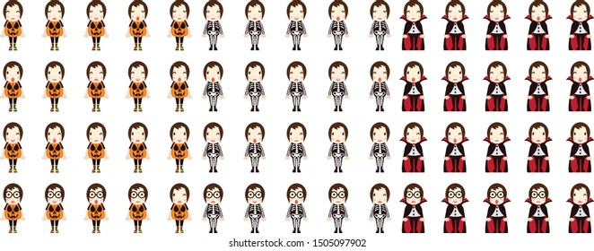 kid girl wear pumpkin costume, bone costume and dracula costume with different facial expressions in vector flat character for halloween party
