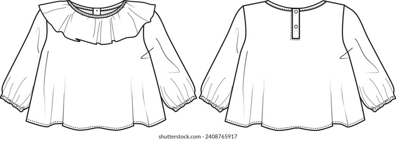 KID GIRL WEAR RUFFLE NECK BLOUSE TOP FRONT AND BACK FASHION FLAT DESIGN VECTOR ILLUSTRATION