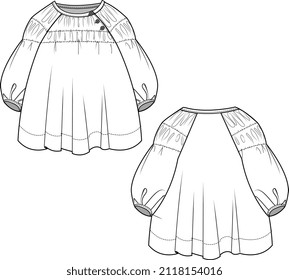 KID GIRL WEAR VOLUME DRESS VECTOR FLAT FRONT AND BACK SKETCH