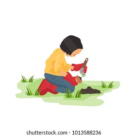 Kid girl working in garden with flower. Vector cartoon design illustration 