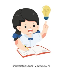 Kid girl writing in a book with idea lamp