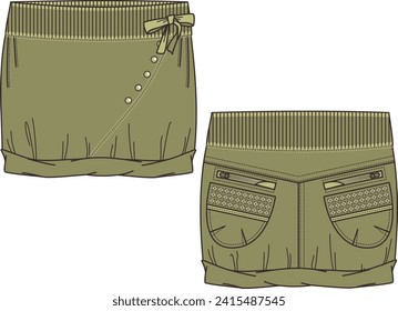 KID GIRLS BOTTOM WEAR ASYMMETRIC SKIRT FRONT AND BACK WITH POCKETS VECTOR ILLUSTRATION