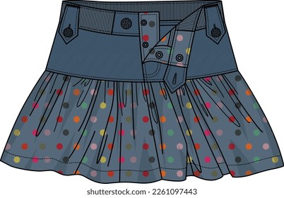 KID GIRLS BOTTOM WEAR DENIM SKIRT WITH POLKA DOT PATTERN VECTOR