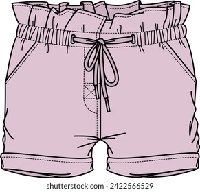 KID GIRLS BOTTOM WEAR SHORTS WITH DRAWSTRING AND POCKETS VECTOR ILLUSTRATION