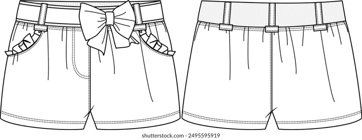 KID GIRLS BOTTOM WEAR SHORTS WITH BOW AND POCKETS FLAT SKETCH FRONT AND BACK VECTOR ILLUSTRATION