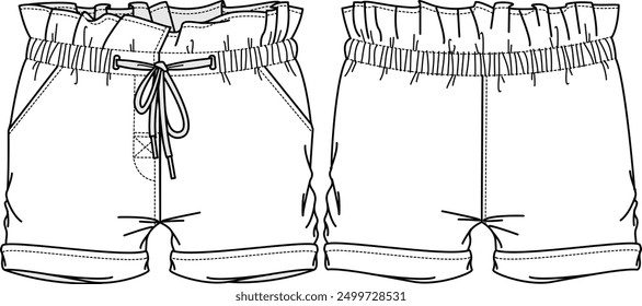 KID GIRLS BOTTOM WEAR SHORTS WITH DRAWSTRING AND POCKETS FLAT SKETCH FRONT AND BACK VECTOR ILLUSTRATION