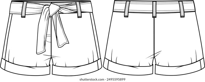 KID GIRLS BOTTOM WEAR TURN UP SHORTS WITH BELT FLAT SKETCH FRONT AND BACK VECTOR ILLUSTRATION