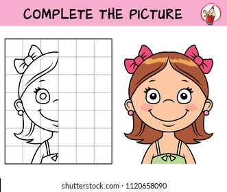 Kid girl's face. Copy the picture. Coloring book. Educational game for children. Cartoon vector illustration