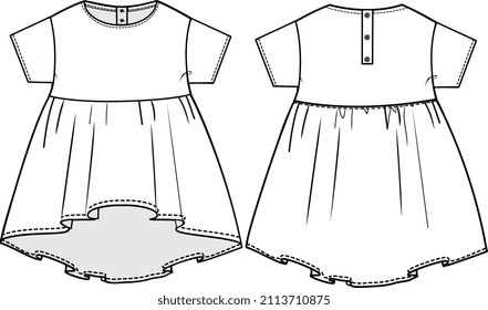 KID GIRLS OVERSIZE FOLK DRESS VECTOR FROTN AND BACK SKETCH