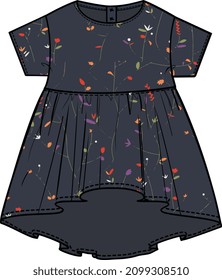 KID GIRLS OVERSIZE FOLK FLORAL DRESS VECTOR SKETCH