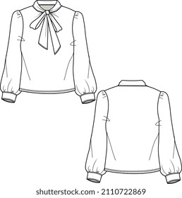 KID GIRLS WEAR BOW TIE BLOUSE AND TOPS VECTOR FLAT SKETCH FRONT AND BACK