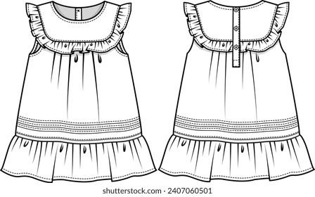 KID GIRLS WEAR DRESS WITH FRILLS FRONT AND BACK FLAT DESIGN VECTOR ILLUSTRATION