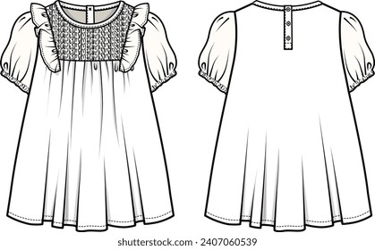 KID GIRLS WEAR DRESS WITH FRILLS FRONT AND BACK FLAT DESIGN VECTOR ILLUSTRATION