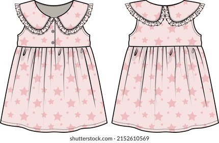 KID GIRLS WEAR DRESS FROCK WITH PETER PAN COLLAR FRONT AND BACK VECTOR SKETCH