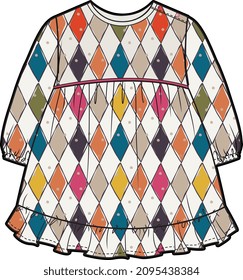 KID GIRLS WEAR DRESS WITH HARLEQUIN TRAPEZE PATTERN VECTOR SKETCH