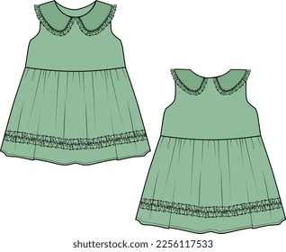 KID GIRLS WEAR DRESS WITH PETER PAN COLLAR FRONT AND BACK VECTOR