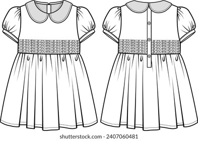 KID GIRLS WEAR DRESS WITH PETER PAN COLLAR FRONT AND BACK FLAT DESIGN VECTOR ILLUSTRATION