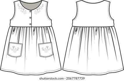 KID GIRLS WEAR EMBROIDERY COLLAR DRESS WITH POCKET DETAILS AND FRILLS FASHION FLAT SKETCH VECTOR