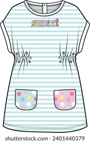 LAS NIÑAS USAN VESTIDO DE KNIT CON PATRÓN DE TIRAS Y BOLSILLO CON ILUSTRACIÓN DEL VECTOR DE PUNTOS DE POLKA