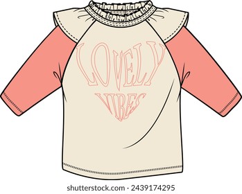 KID GIRLS WEAR LONG SLEEVE KNIT FRILL TOP WITH  TYPOGRAPHIC PRINT VECTOR ILLUSTRATION 