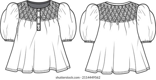 KID GIRLS WEAR PUFF SLEEVE BLOUSE VECTOR FLAT FRONT AND BACK SKETCH