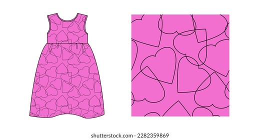 KID GIRLS WEAR SLEEVELESS DRESS with pattern of hearts on pink background. Vector illustration