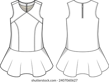 KID GIRLS WEAR SLEEVELESS SKATER DRESS FRONT AND BACK FLAT DESIGN VECTOR ILLUSTRATION