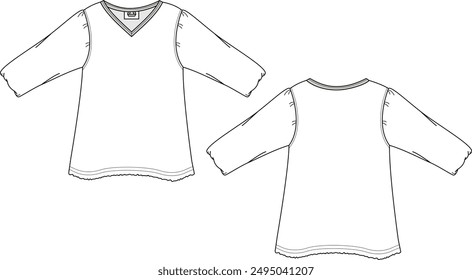 KID GIRLS WEAR V NECK LONG SLEEVE T SHIRT FRONT AND BACK FLAT SKETCH VECTOR ILLUSTRATION