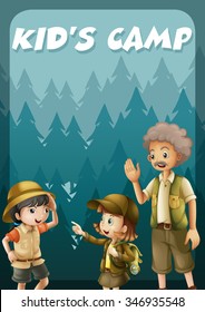 Kid going camping in the forest illustration