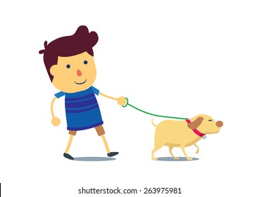 Kid going to take the dog for a walk, cartoon on isolated background