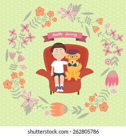 Kid with golden retriever dog on the sofa with intage flower wreath and hello spring word