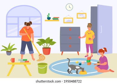 Kid good behavior at home concept, vector illustration. Cartoon boy girl children character care about house, happy flat people at cheerful childhood