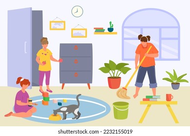 Kid good behavior at home concept, vector illustration. Cartoon boy girl children character care about house, happy flat people at cheerful childhood