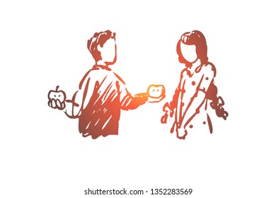 Kid, good, manners, boy, apple, girl concept. Hand drawn boy treats girl with apple concept sketch. Isolated vector illustration.