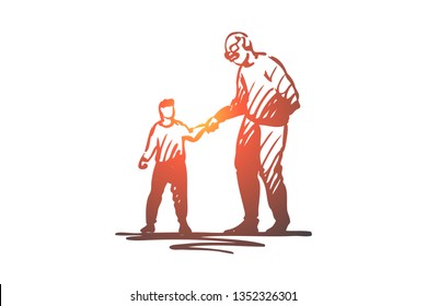 Kid, Good, Manners, Boy, Help, Grandfather Concept. Hand Drawn Boy Helps Grandfather Cross The Road Concept Sketch. Isolated Vector Illustration.