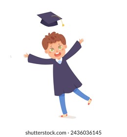 Kid graduate jumping high vector illustration. Cartoon isolated cute child tossing mortarboard cap on graduation party or ceremony, happy jump of young male elementary student character in gown.