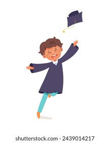 Kid graduate jumping high vector illustration. Cartoon isolated cute child tossing mortarboard cap on graduation party or ceremony, happy jump of young male elementary student character in gown.